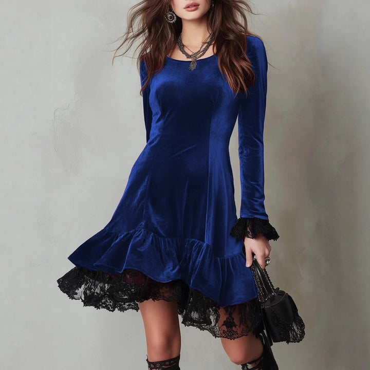 Women's Long Sleeve Velvet Party Dress Lace Frill Hem Mini