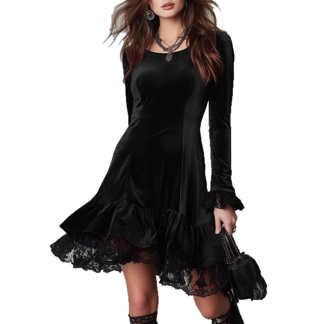 Women's Long Sleeve Velvet Party Dress Lace Frill Hem Mini