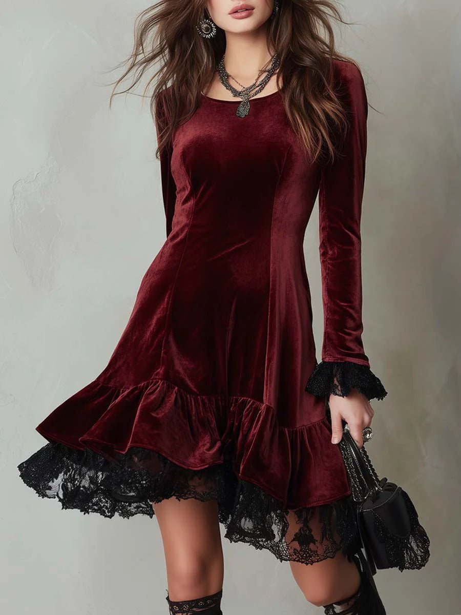 Women's Long Sleeve Velvet Party Dress Lace Frill Hem Mini