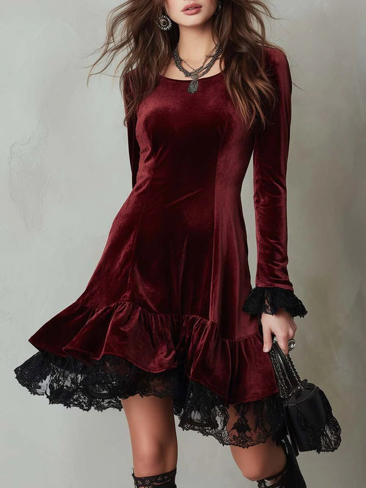Women's Long Sleeve Velvet Party Dress Lace Frill Hem Mini