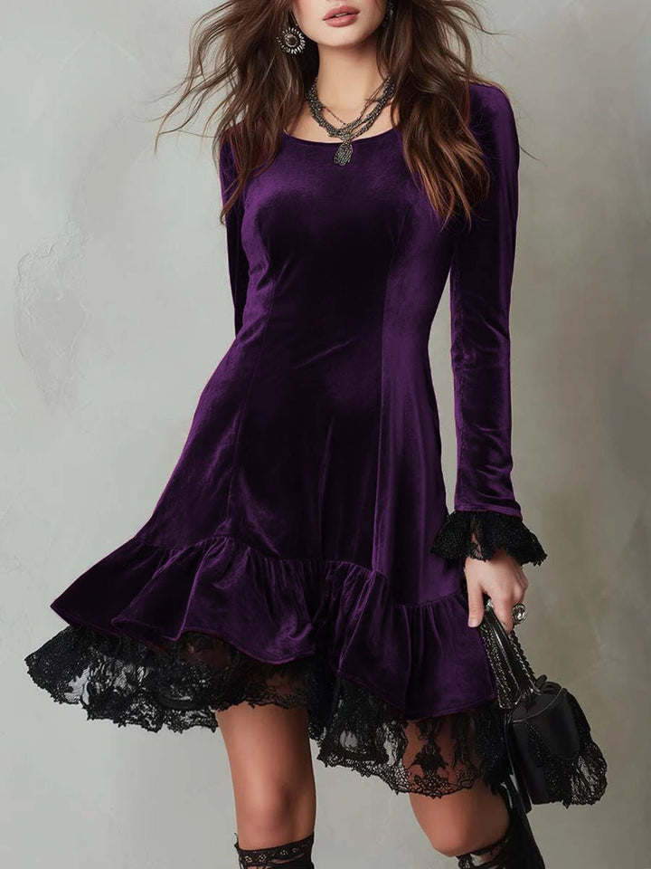 Women's Long Sleeve Velvet Party Dress Lace Frill Hem Mini
