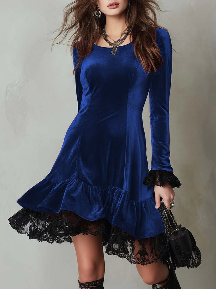 Women's Long Sleeve Velvet Party Dress Lace Frill Hem Mini