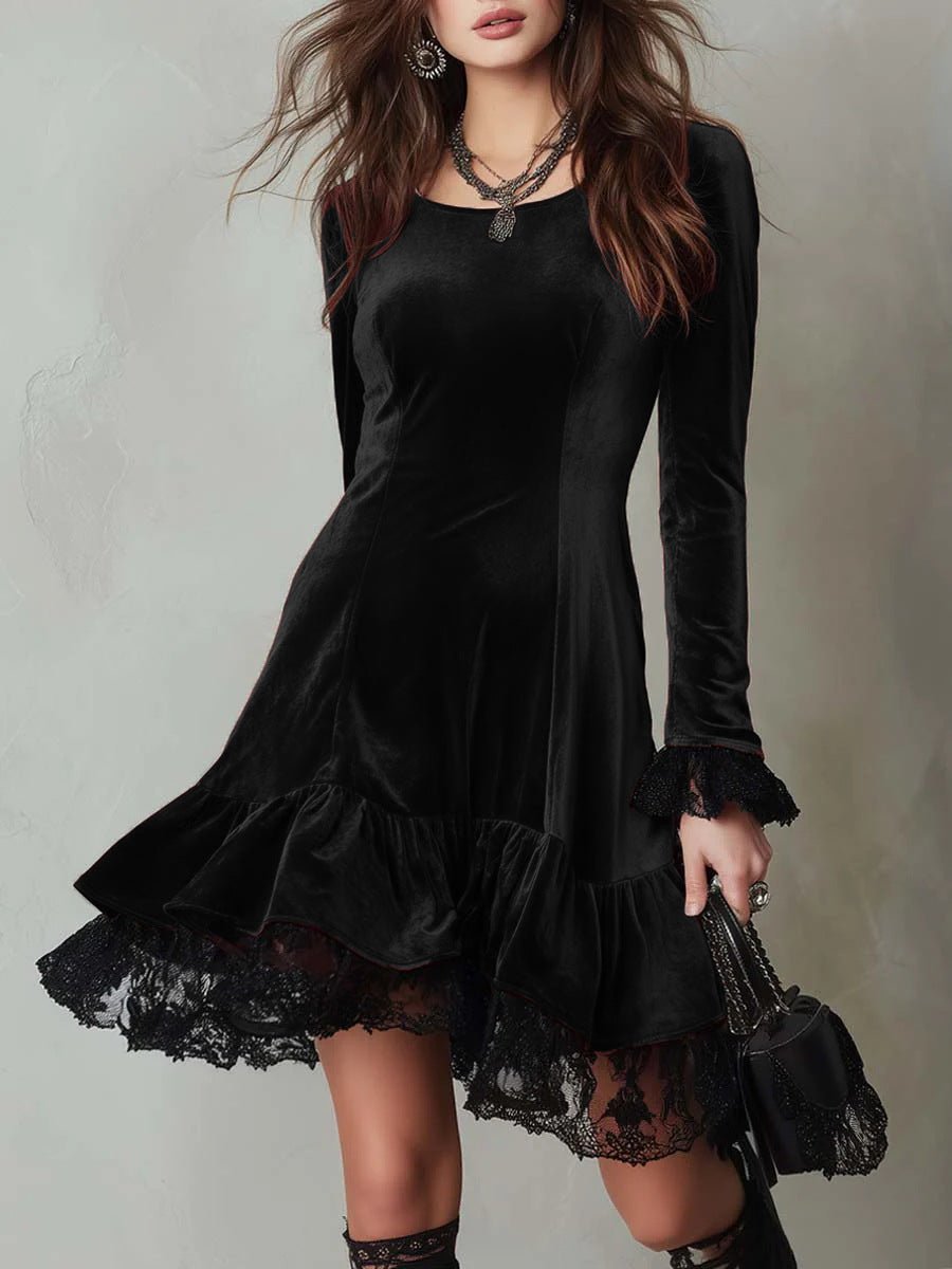 Women's Long Sleeve Velvet Party Dress Lace Frill Hem Mini