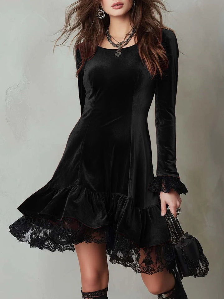 Women's Long Sleeve Velvet Party Dress Lace Frill Hem Mini