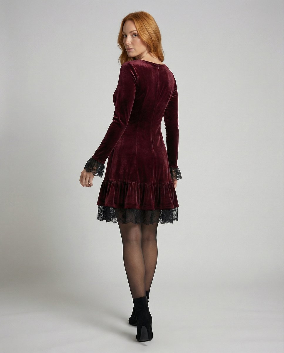 Women's Long Sleeve Velvet Party Dress Lace Frill Hem Mini