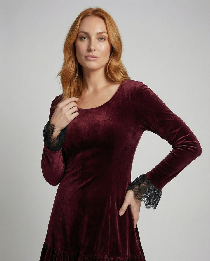 Women's Long Sleeve Velvet Party Dress Lace Frill Hem Mini