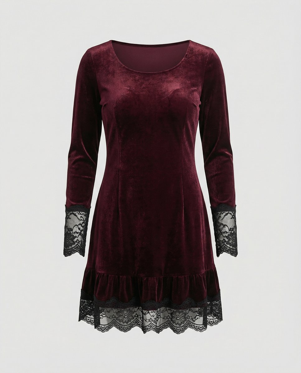 Women's Long Sleeve Velvet Party Dress Lace Frill Hem Mini