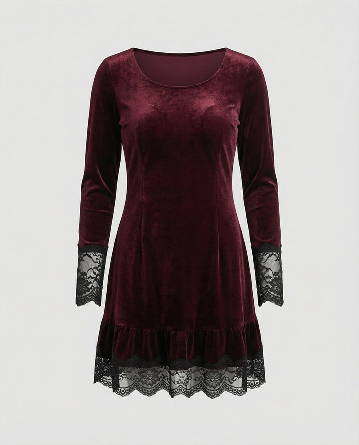Women's Long Sleeve Velvet Party Dress Lace Frill Hem Mini