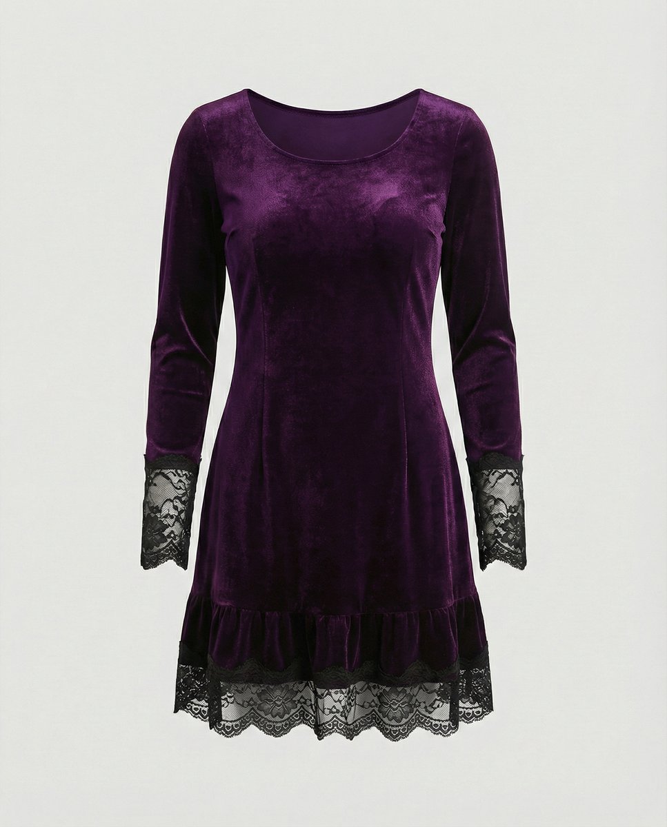Women's Long Sleeve Velvet Party Dress Lace Frill Hem Mini - Purple