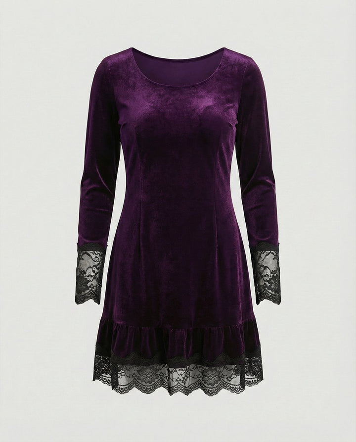 Women's Long Sleeve Velvet Party Dress Lace Frill Hem Mini - Purple