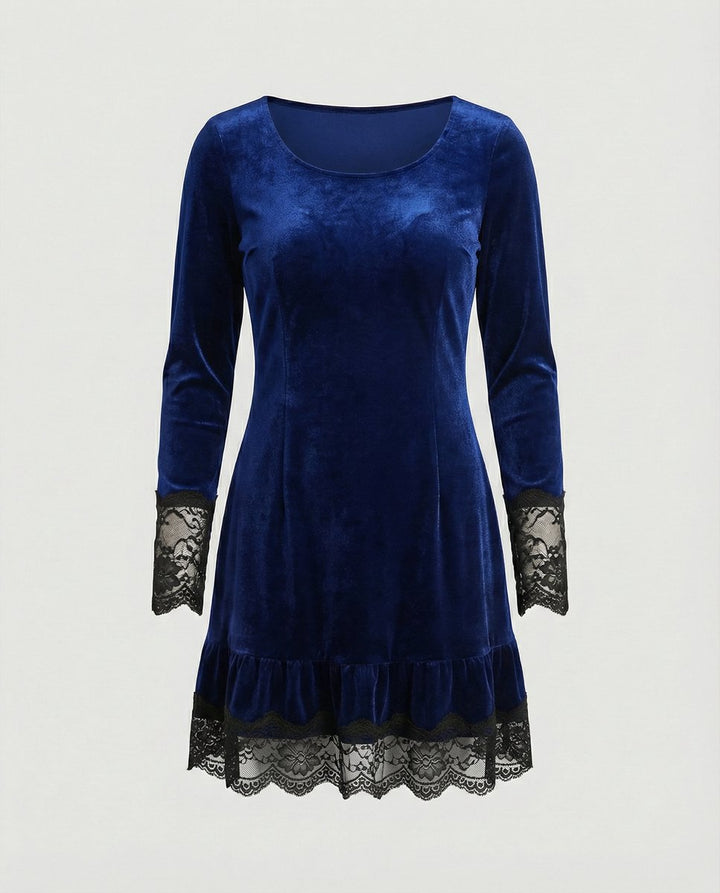 Women's Long Sleeve Velvet Party Dress Lace Frill Hem Mini - Blue