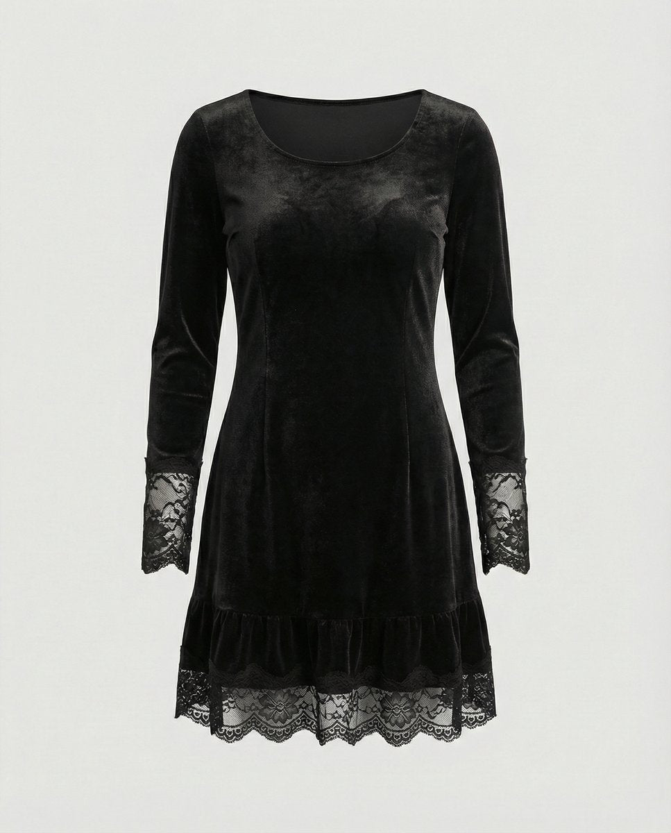 Women's Long Sleeve Velvet Party Dress Lace Frill Hem Mini - Black