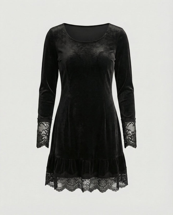 Women's Long Sleeve Velvet Party Dress Lace Frill Hem Mini - Black