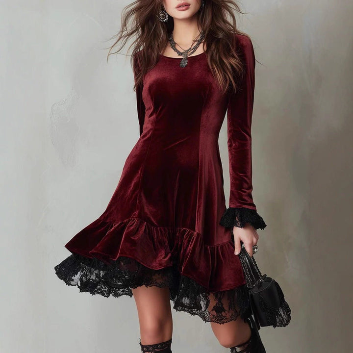 Women's Long Sleeve Velvet Party Dress Lace Frill Hem Mini