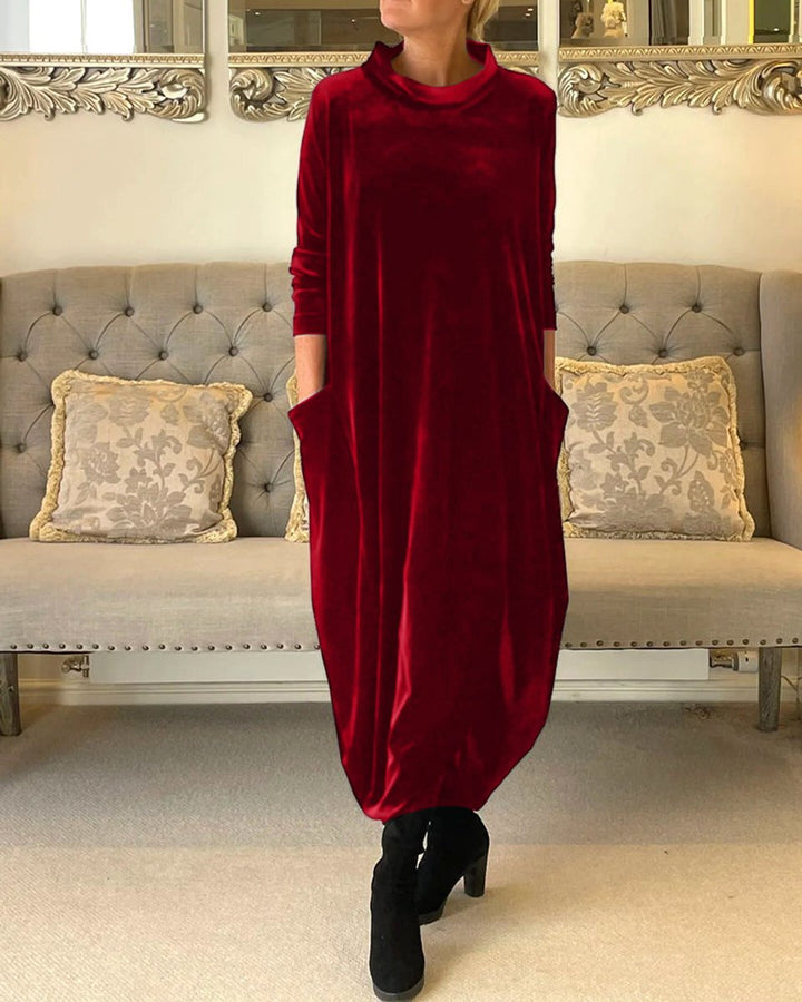 Women's Long-Sleeve Velvet Party Dress Relaxed Maxi - Red
