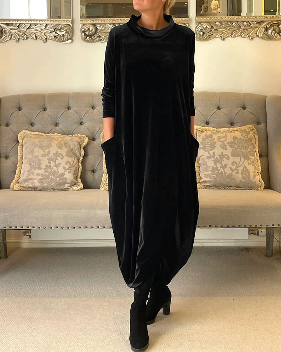 Women's Long-Sleeve Velvet Party Dress Relaxed Maxi - Black