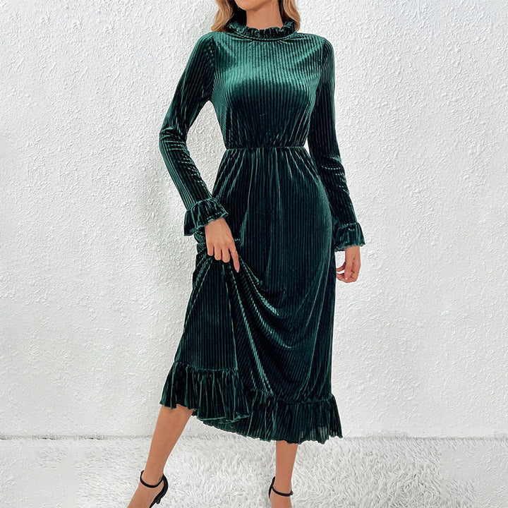 Women's Long-Sleeve Velvet Party Dress Ruffle Midi