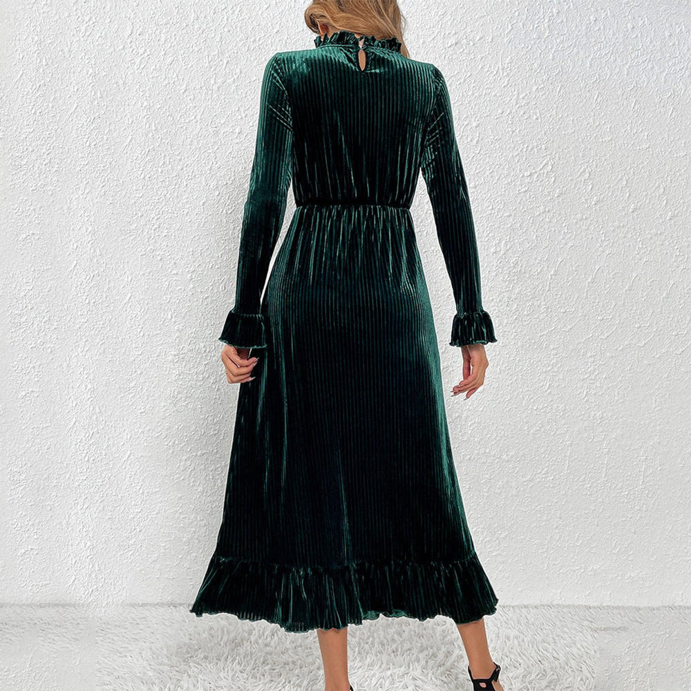 Women's Long-Sleeve Velvet Party Dress Ruffle Midi