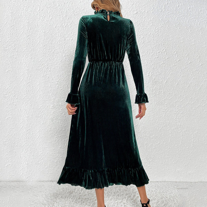 Women's Long-Sleeve Velvet Party Dress Ruffle Midi