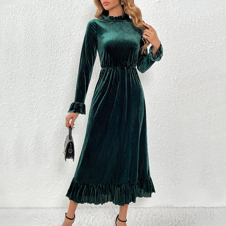 Women's Long-Sleeve Velvet Party Dress Ruffle Midi