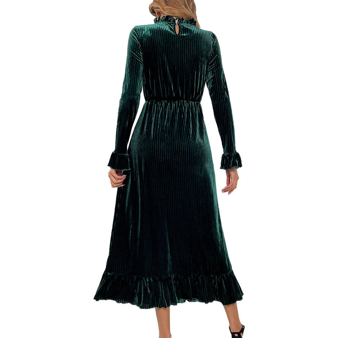 Women's Long-Sleeve Velvet Party Dress Ruffle Midi