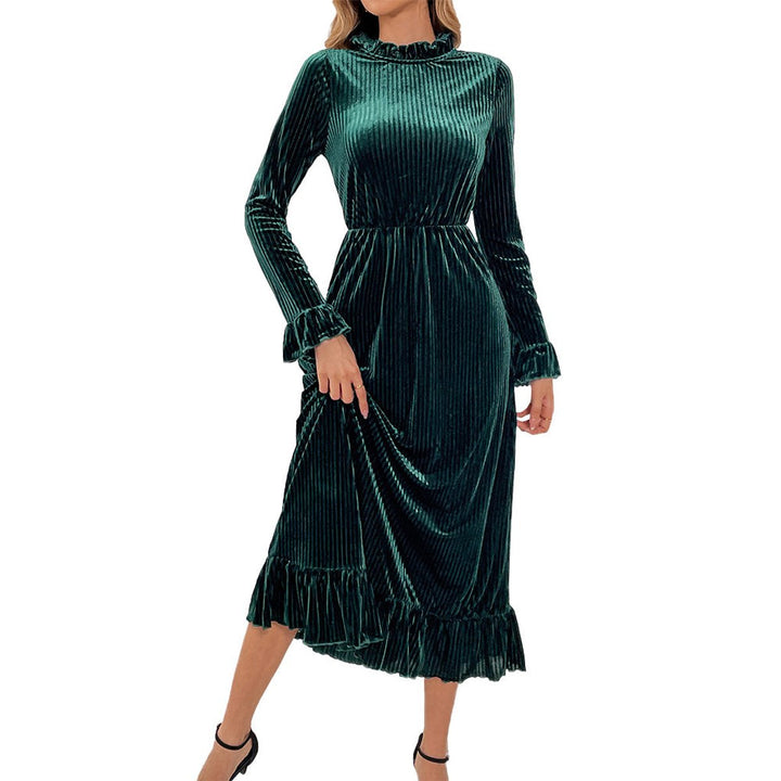 Women's Long-Sleeve Velvet Party Dress Ruffle Midi - Dark Green