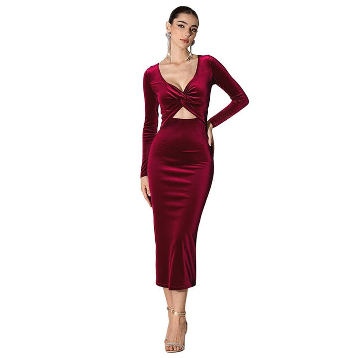 Women's Long-Sleeve Velvet Party Dress Twist Knot Cut-Out Bodycon Midi - Burgundy