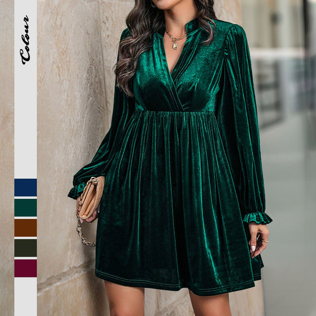 Women's Long Sleeve Velvet Party Dress Wrap V-Neck Ruffle Cuff