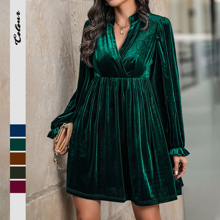 Women's Long Sleeve Velvet Party Dress Wrap V-Neck Ruffle Cuff