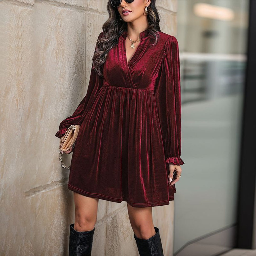 Women's Long Sleeve Velvet Party Dress Wrap V-Neck Ruffle Cuff - Burgundy