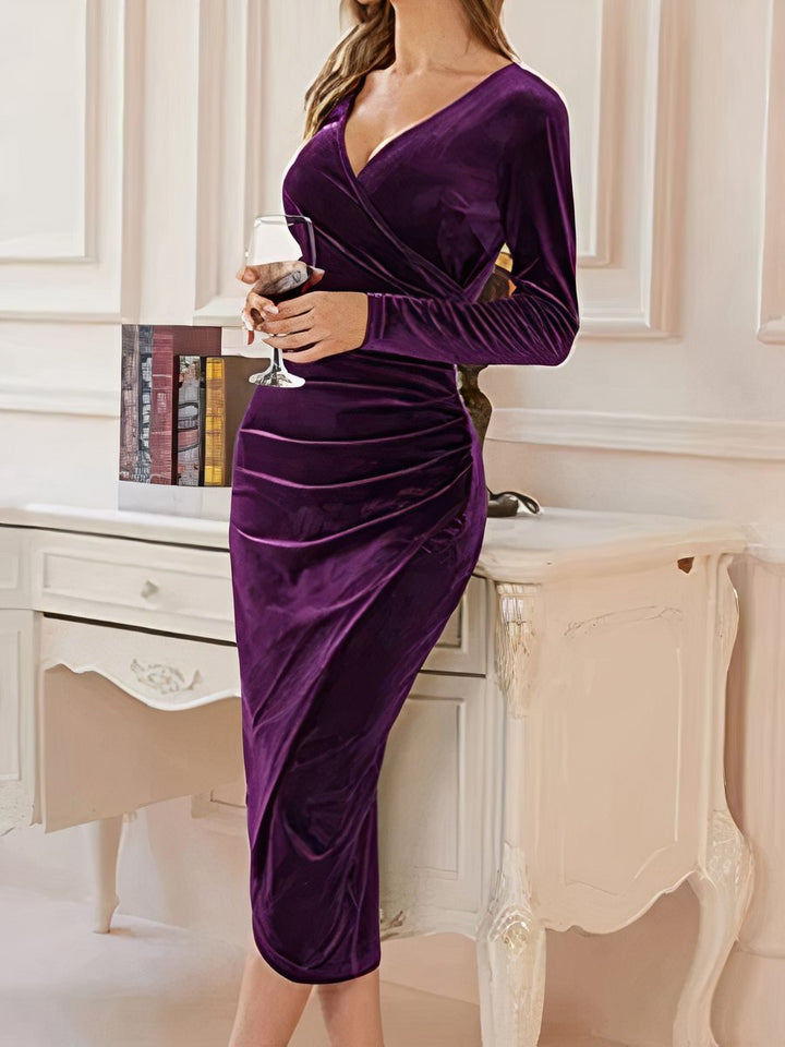Women's Long-Sleeve Wrap Velvet Party Dress Ruched Bodycon Midi