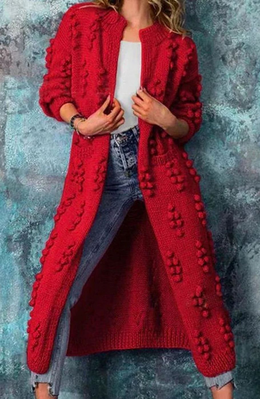 Women's Longline Bobble Oversized Knit Cardigan Open Front