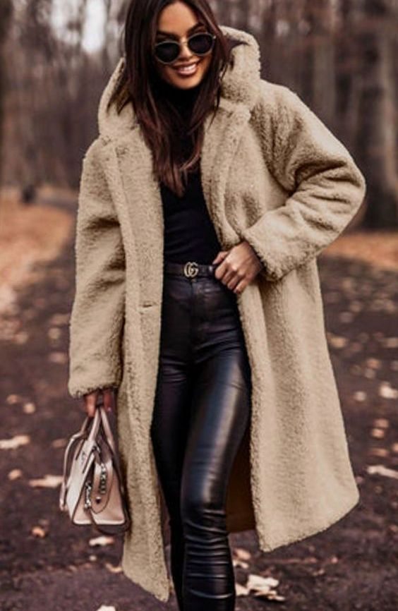 Women's Longline Hooded Faux Fur Oversized Winter Coat - Beige