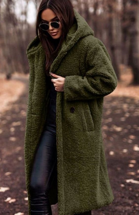 Women's Longline Hooded Faux Fur Oversized Winter Coat - Green