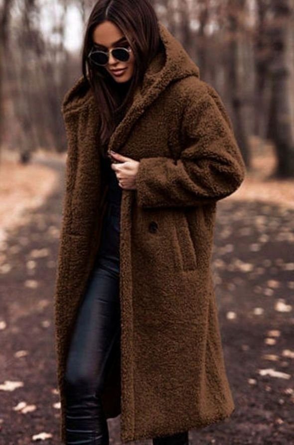 Women's Longline Hooded Faux Fur Oversized Winter Coat - Brown