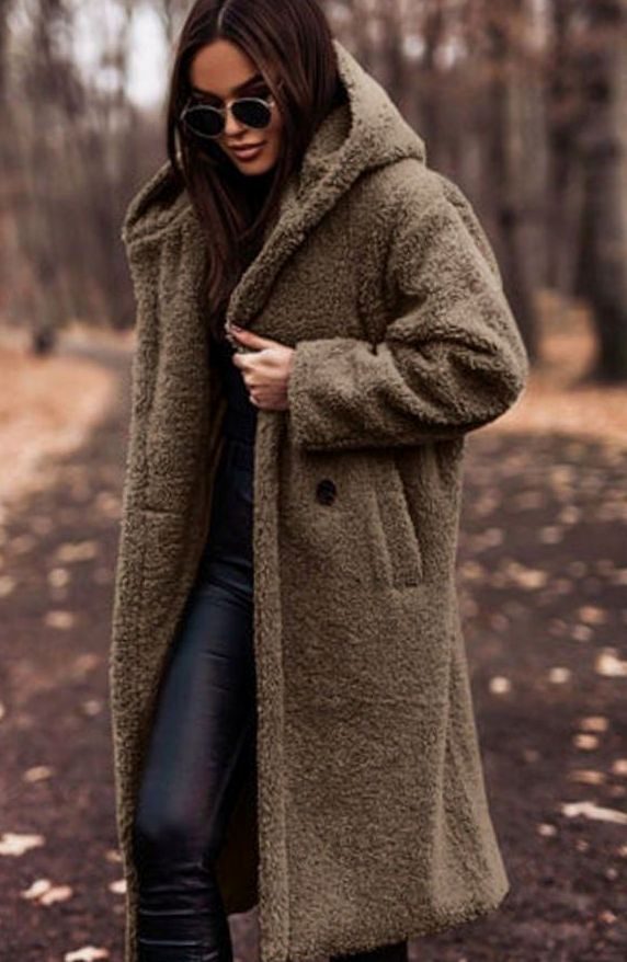 Women's Longline Hooded Faux Fur Oversized Winter Coat - Khaki