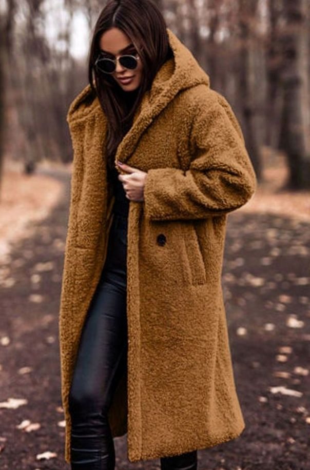 Women's Longline Hooded Faux Fur Oversized Winter Coat - Caramel