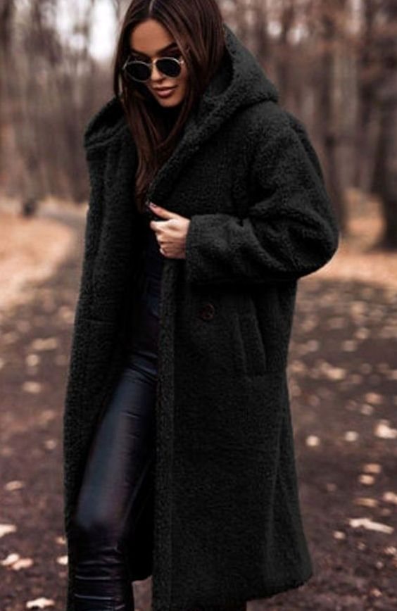Women's Longline Hooded Faux Fur Oversized Winter Coat - Black