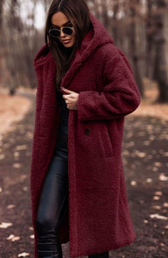 Women's Longline Hooded Faux Fur Oversized Winter Coat - Red
