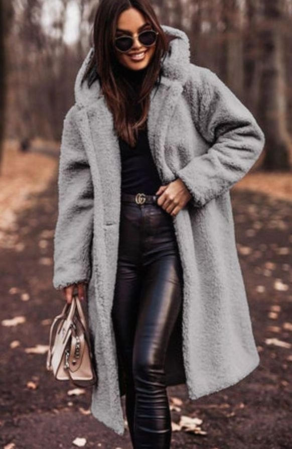 Women's Longline Hooded Faux Fur Oversized Winter Coat - Grey