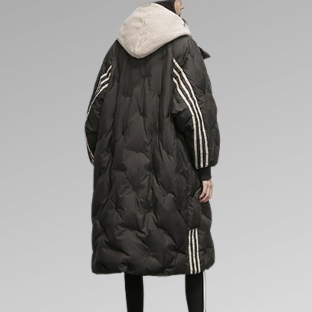 Women's Longline Hooded Quilted Padded Coat Striped Sleeves