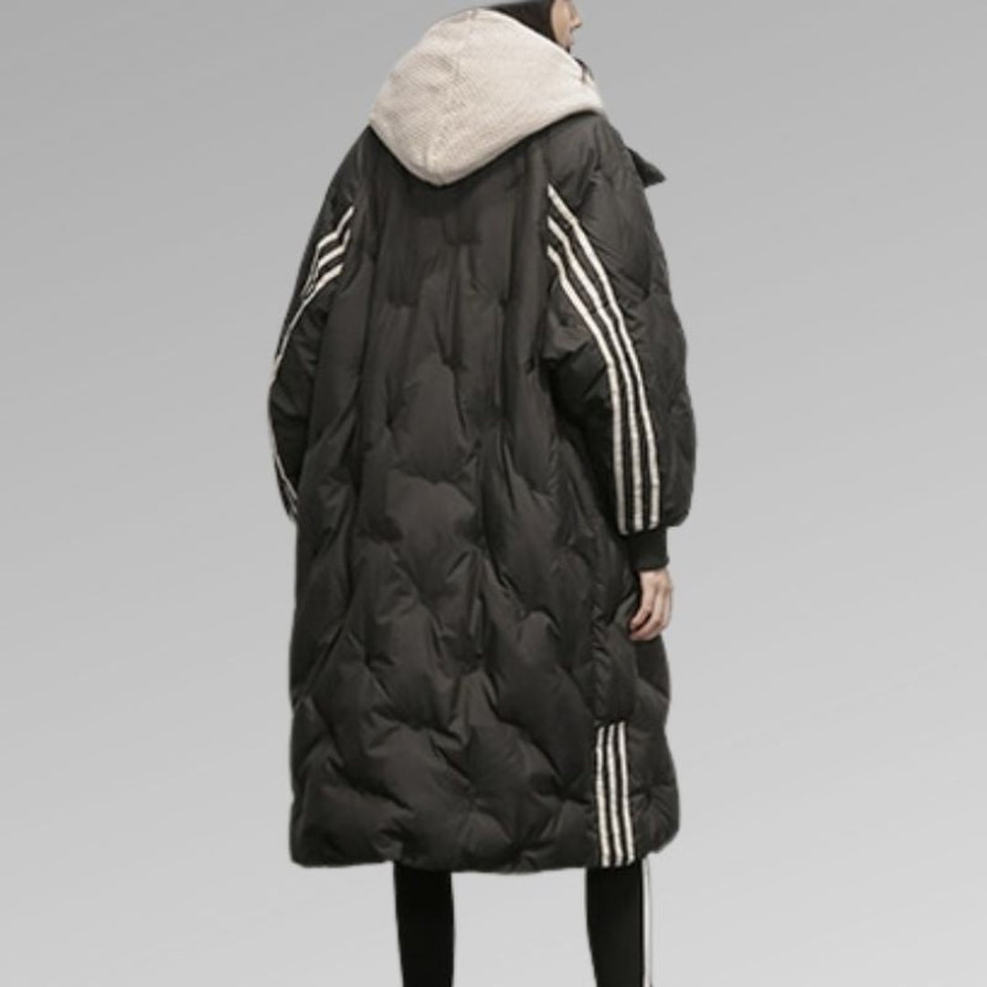Women's Longline Hooded Quilted Padded Coat Striped Sleeves