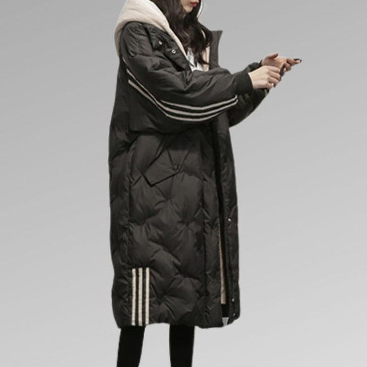 Women's Longline Hooded Quilted Padded Coat Striped Sleeves