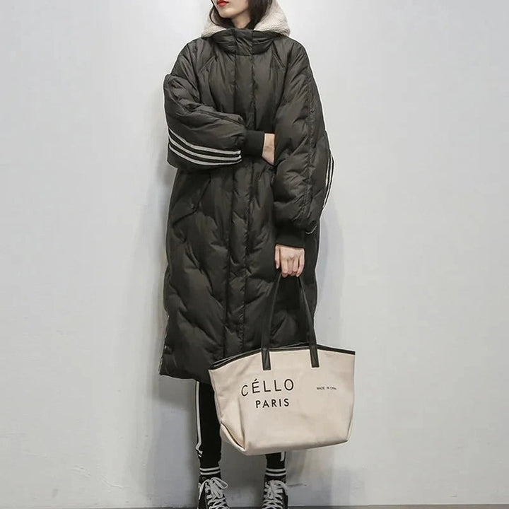 Women's Longline Hooded Quilted Padded Coat Striped Sleeves