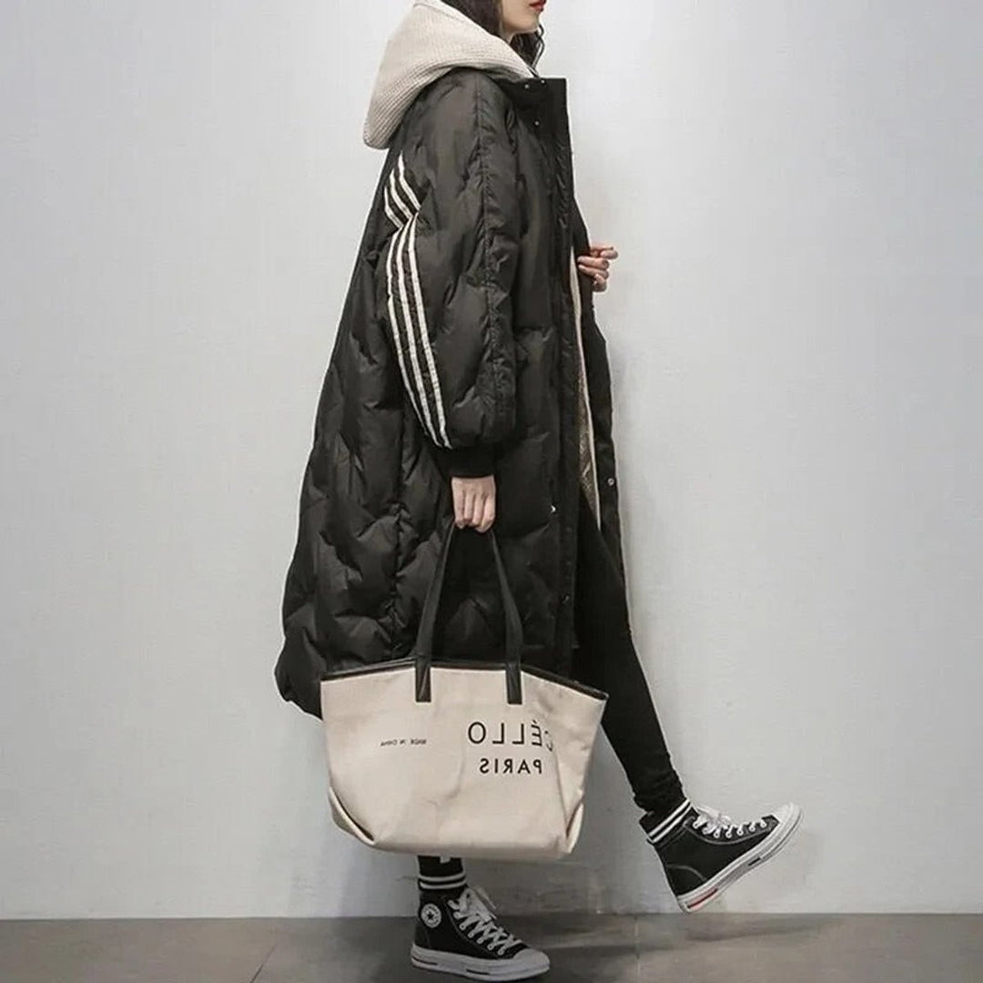 Women's Longline Hooded Quilted Padded Coat Striped Sleeves