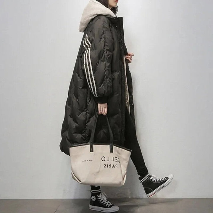 Women's Longline Hooded Quilted Padded Coat Striped Sleeves