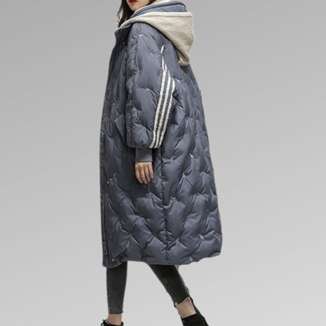Women's Longline Hooded Quilted Padded Coat Striped Sleeves