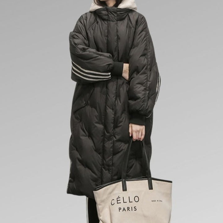 Women's Longline Hooded Quilted Padded Coat Striped Sleeves - Black