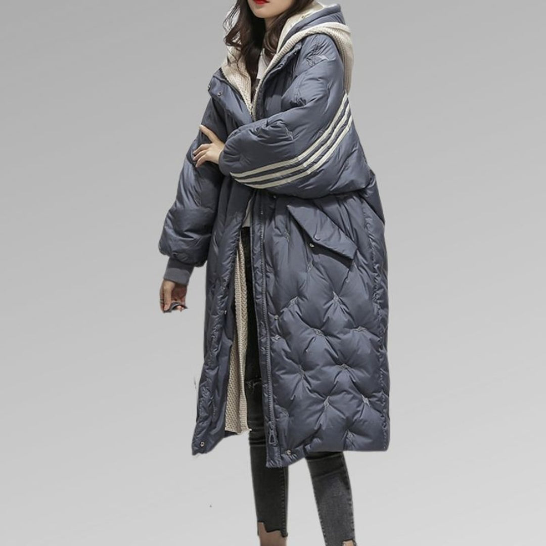 Women's Longline Hooded Quilted Padded Coat Striped Sleeves - Navy Blue