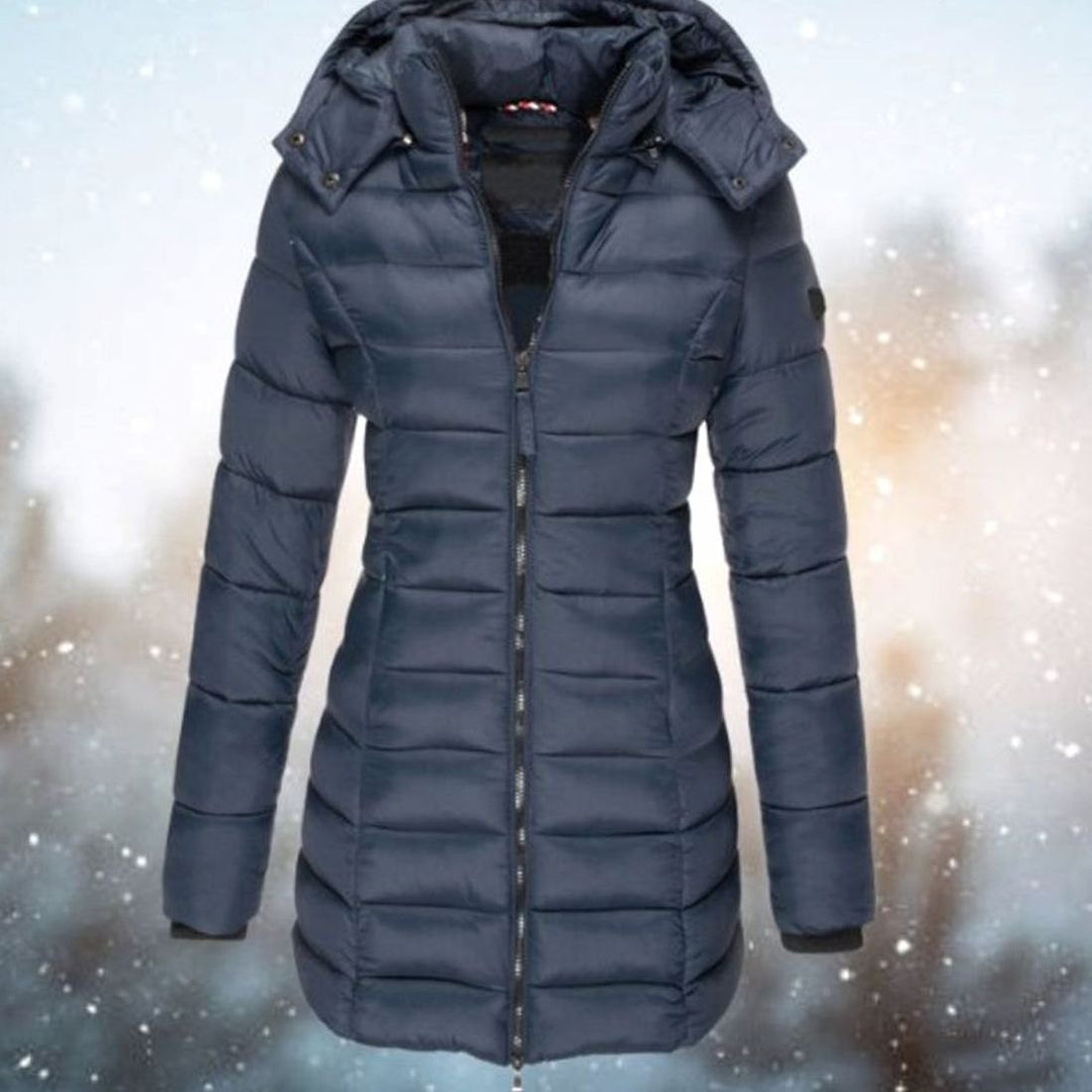 Women's Longline Hooded Quilted Puffer Jacket - Navy Blue